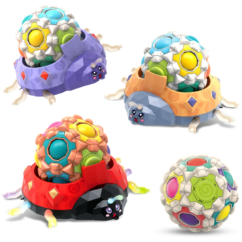 3 in 1 Rotating Magic Bean Cube Spinner Fidget Toy Football Cube Fingertip Sensory Toy Pull Rope Traction Animal Car with Light
