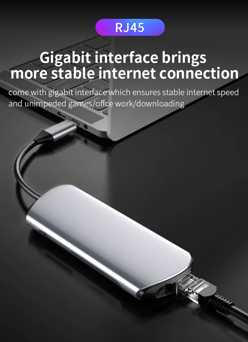 8 In 1 Type C PD  5G USB 3.0 4K 2K 1080P HDM1 3.5mm Audio Hub Support SD TF Card USB Ethernet Hub