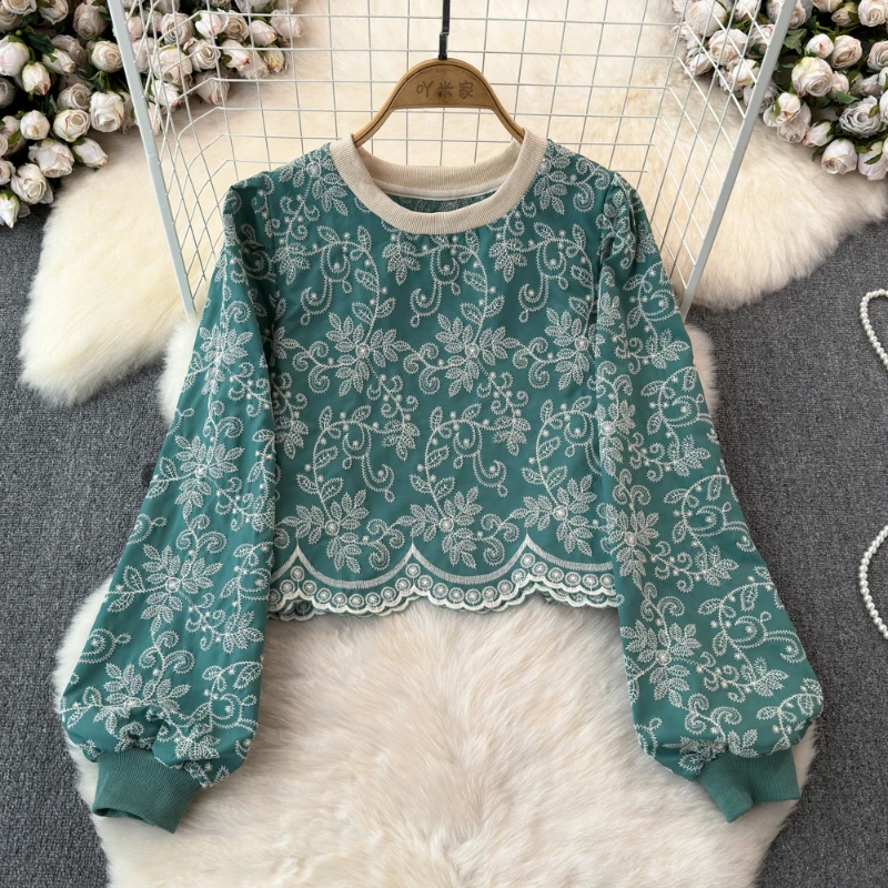 Women Designer Round Neck Stitching Shirt Embroidery Flower Lace Blouses Lady Casual Loose Short Fashion Tops