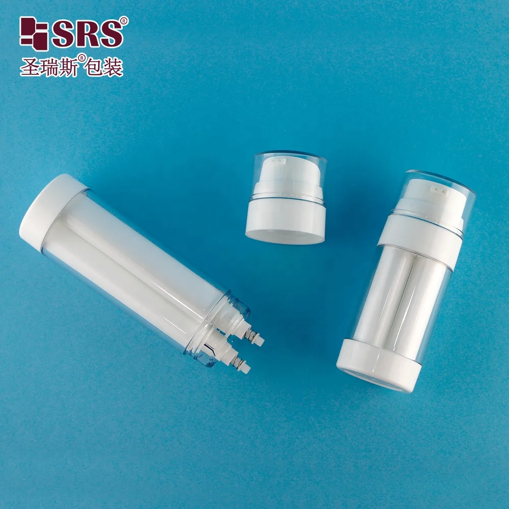 A0233 Empty Clear Airless Bottle 50ml White Container with Vacuum Pump Double Chamber 2 Separate Nozzles/Mono Nozzle For Mixing