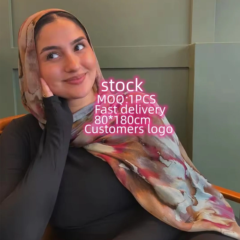 2024 New Customizable Floral Printed Modal Satin Fabrics Summer Hijab Scarf Muslim Women Woven Logo Same Vela Modal Cotton Scarf