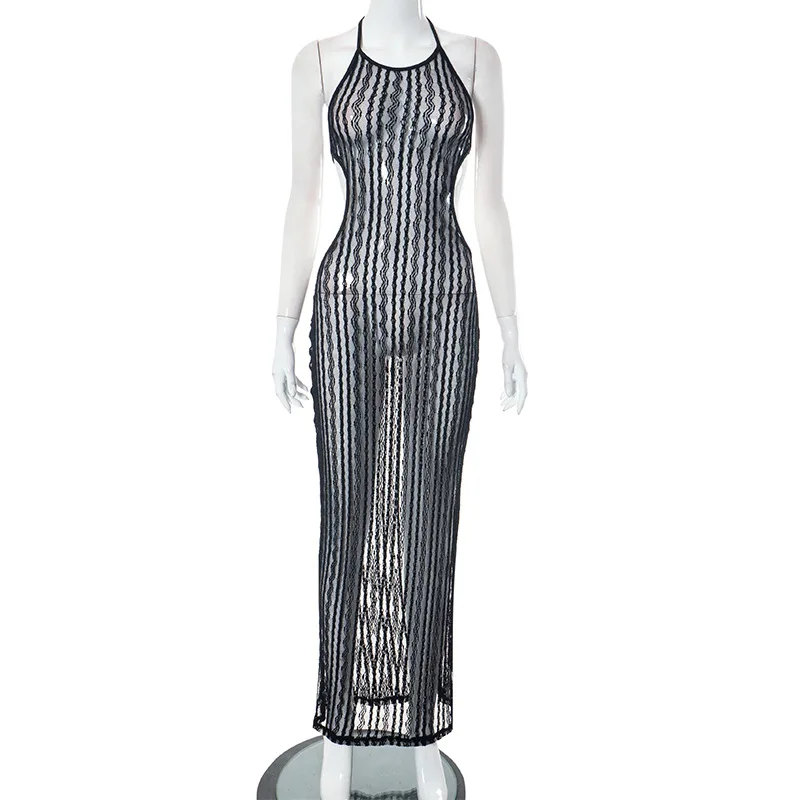 Hot selling summer 2023 backless mesh see through bodycon sleeveless maxi dresses women