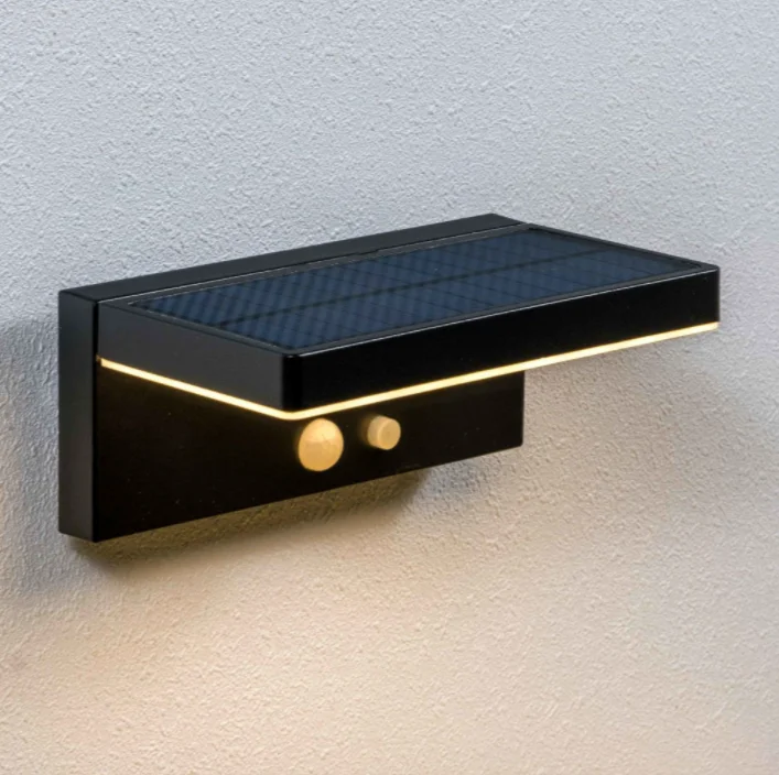 Black aluminum ip54 fixed downward motion sensor led solar power outdoor wall mounted lamp light