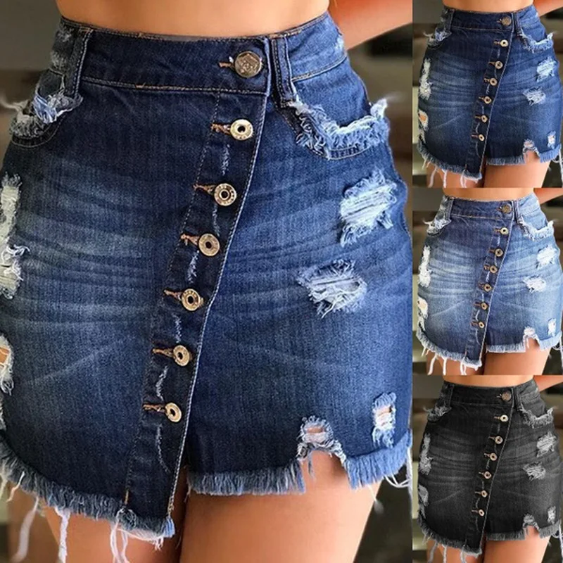 SKYKINGDOM Latest Fashion Women Ladies Clothes Hole Button Mini Jeans Skirts for Summer