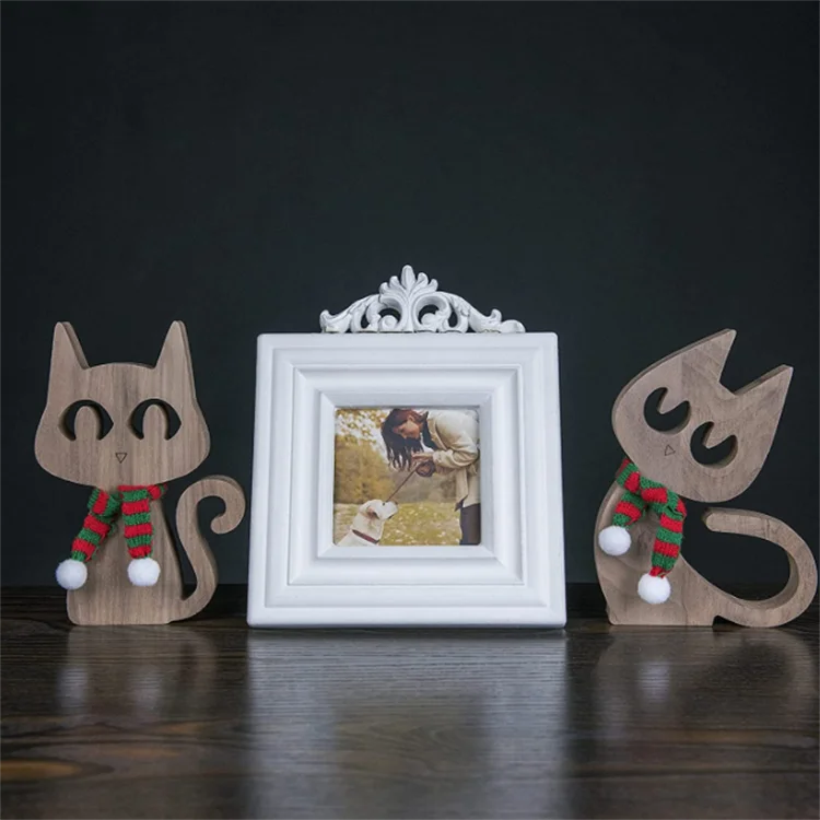 Christmas Home Table Decorations Wood Crafts Office Desk Decor Cat Sculpture Wooden Ornaments Carving Cute Pet Cat Figurines
