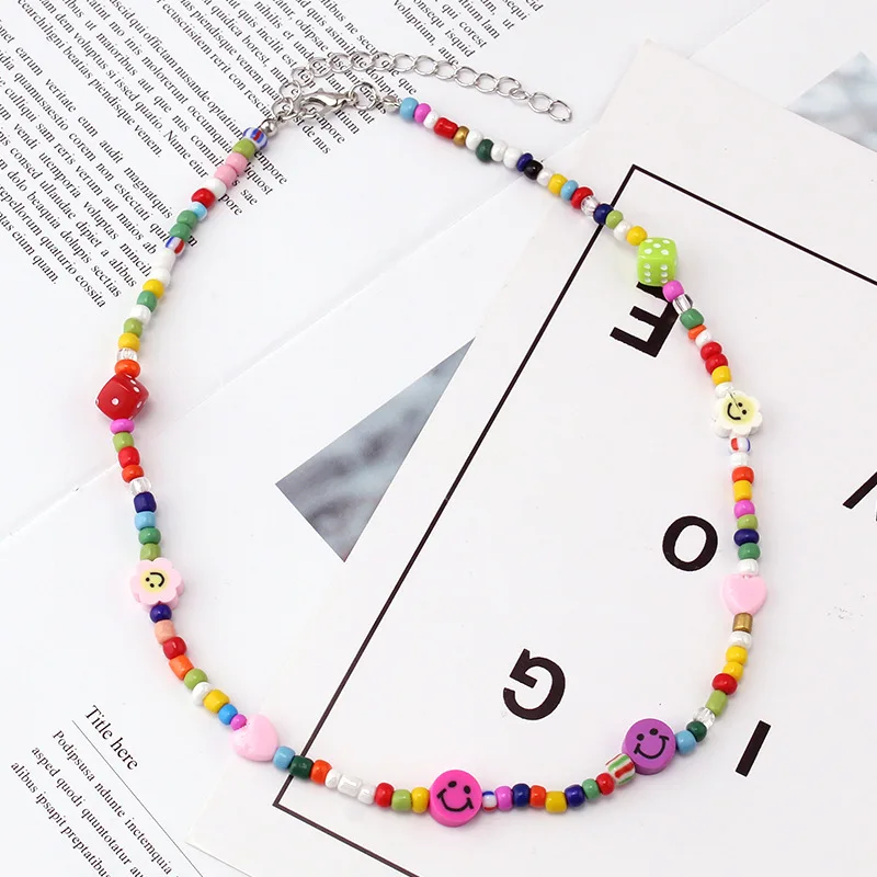 Internet celebrity jewelry rice bead necklace hop dice smiley collarbone chain female monster pendant Korean