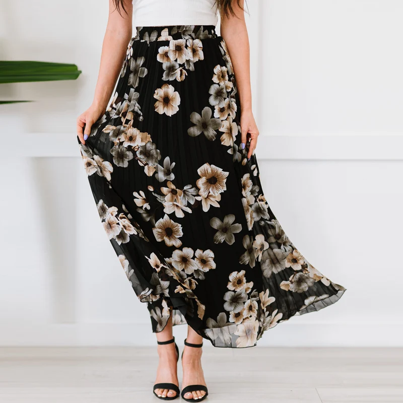 High Quality Fashion Floral Print Pleated Summer Women Maxi Long Skirt