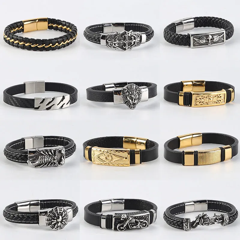 Punk Vintage Leather Bracelet European And American New Hollow Cuff Bracelet Men Wide Leather Bracelet Personality Jewelry