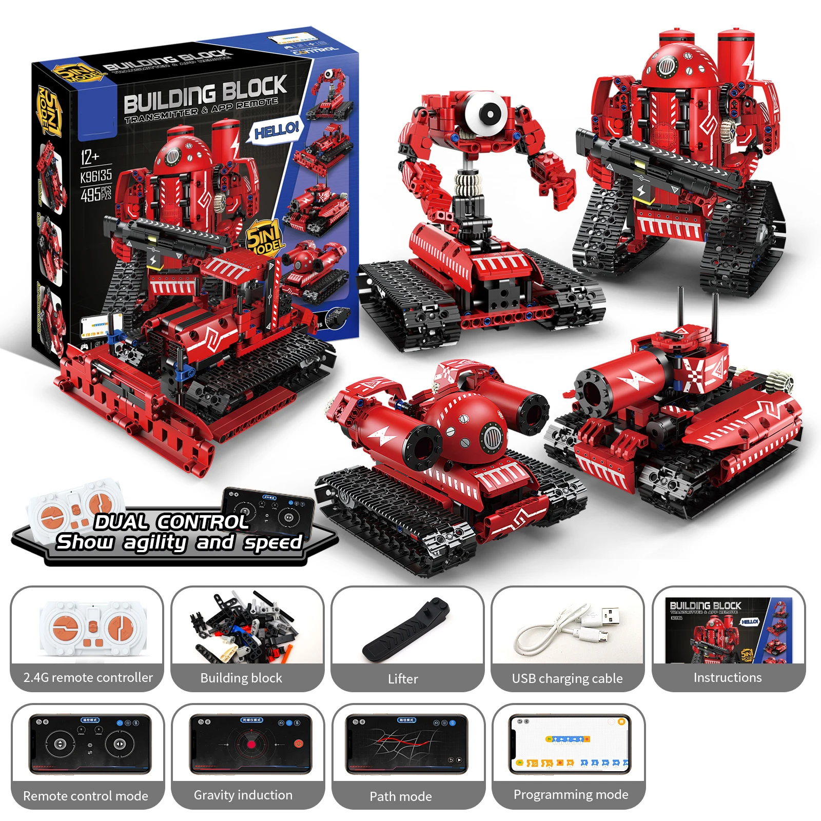 5-in-1 2.4G STEM Robot Building Block Toys Kids DIY Remote Control Robot Assembly Toys Block Bricks 3D Puzzle Toy