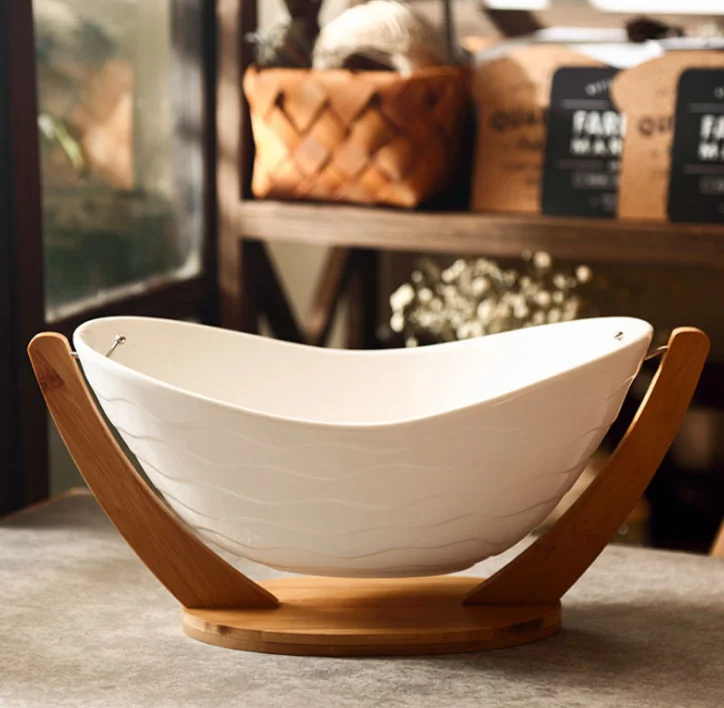 3 Pcs set Relish Tray with White Ceramic Bowl. Server Set with Bamboo Rack