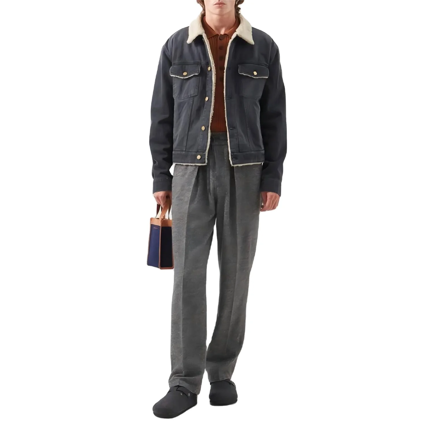 Men Autumn Winter Outwear Point-Collar Long Sleeve With Button Cuffs Closure Chest Pockets Denim Jean Jacket With Fleece Lining