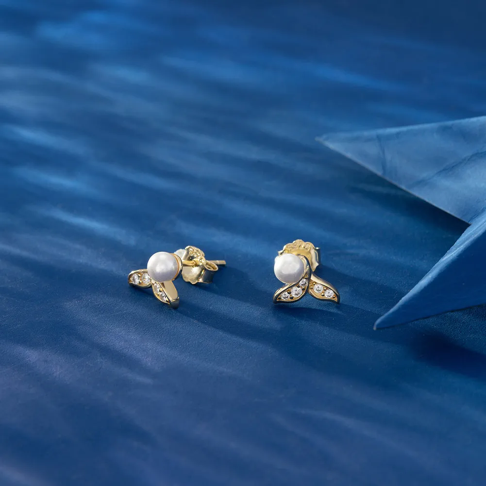 fashion 925 sterling silver stud earring jewelry 18K gold plated Net Red Fish Tail Pearl sterling silver stud earrings for women