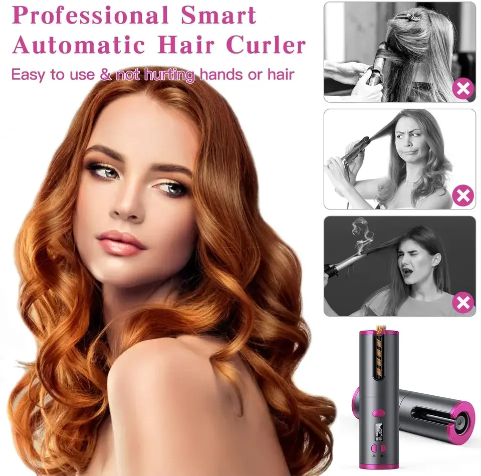 LCD Display 6 Adjustable Temperature Timer USB Rechargeable Ceramic Barrel Cordless Hair Iron Automatic Curling Curler