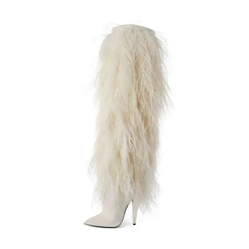 White Feather Fringe Women Boots  Sexy Pointed Toe Full Fur Thigh High Boots Thin Heels Suede Zip Runway Over The Knee Botas