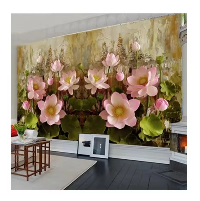 Custom Mural Wallpaper 3D Stereo Lotus Flower Oil Painting Fresco Living Room TV Bedroom Art Peel and Stick Wallpaper