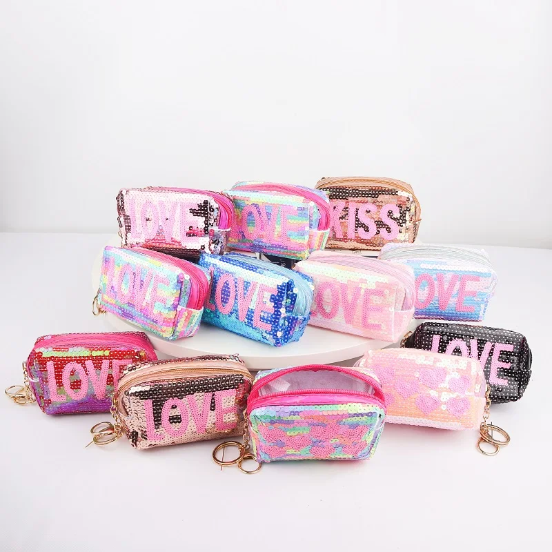Fashion wholesale hot sale sequins cute key chain colorful female mini card money holder ladies coin purses wallets for women
