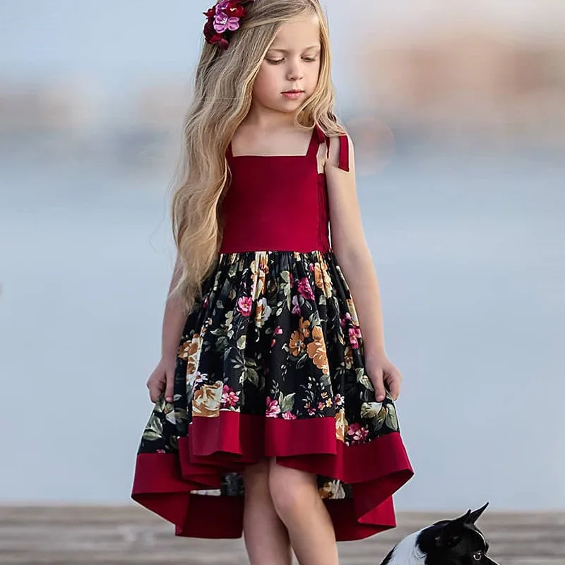 Ou Tong Red Baby Girls Dress Short Front And Long Back Irregular Suspender Dress Cotton Ruffle Sleeve Dress