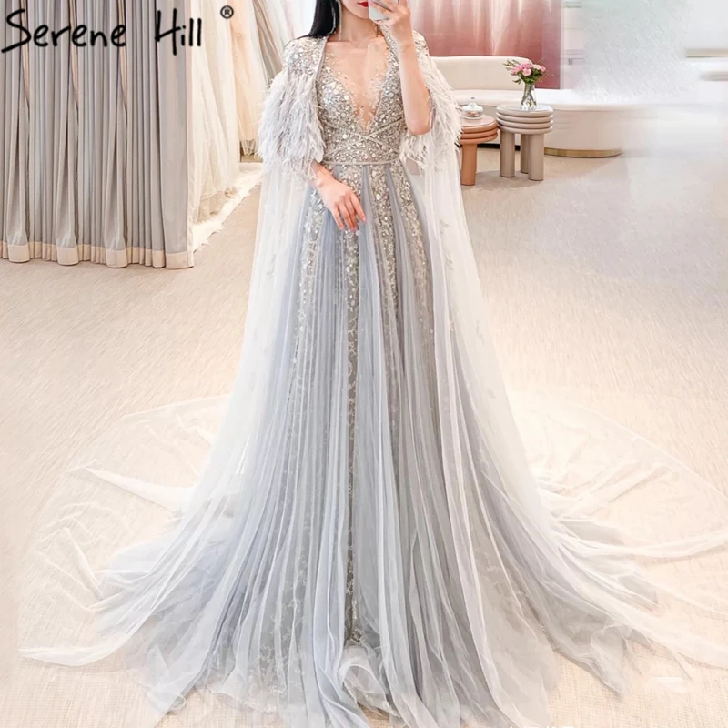 Grey A Line Sleeveless Feathers Formal Party Gowns Serene Hill LA70640 Women  Evening Long Dresses With Shawl