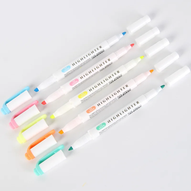 5 Colors/set Double Headed Highlighter Pen Set Fluorescent Markers Highlighters Pens Art Marker Japanese Cute Kawaii Stationery