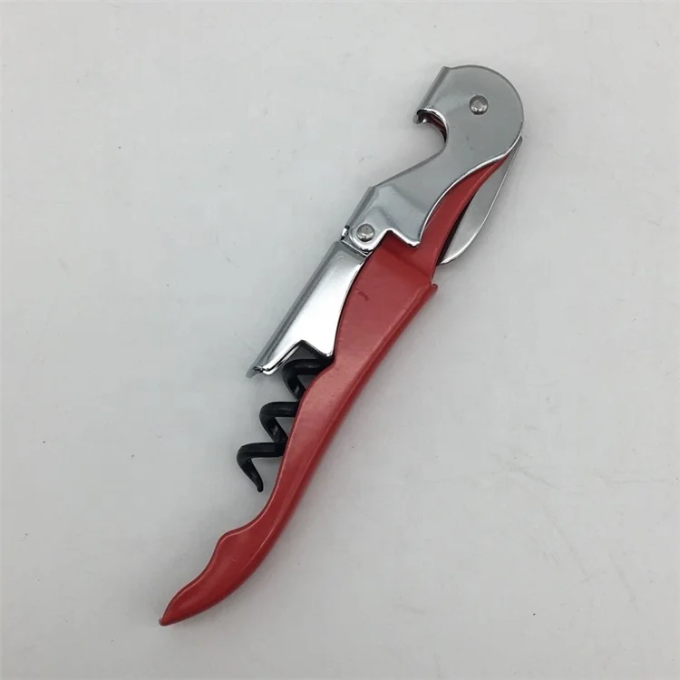 MOQ 100pcs Red Color Stainless Steel All-in-one Double Hinged Sea Horse Wine Bottle Corkscrew Foil Cutter Knife Can Opener