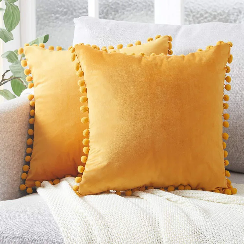 Home Decor Lemon Yellow Velvet Cushion Cover Macrame Pom Pom Decorative Throw Pillow Case 18x18 inch Throw Pillow Cover