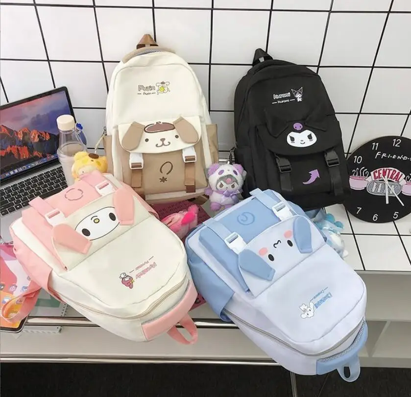 YWMX Cartoon Kuromi Cinnamoroll Student School Bag  Kawaii Girl Melody Nylon Big Capacity Zipper Student Backpack With Plush Toy