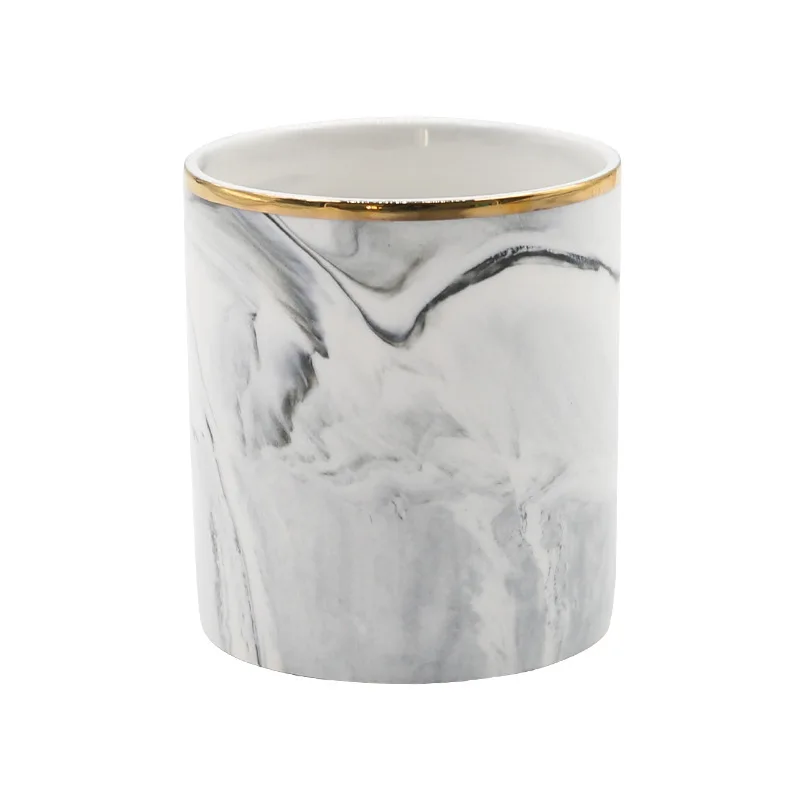 Cylinder Shape Cheap Home Decor Grey Pink Marble Luxury Ceramic Candle Jars With Gold Rim