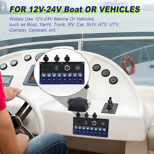 12V 8 Gang Marine Boat Switch Panel ON OFF 5 Pin Toggle Switches Panel with LED Circuit Breaker 3.1A USB Charger Voltmeter