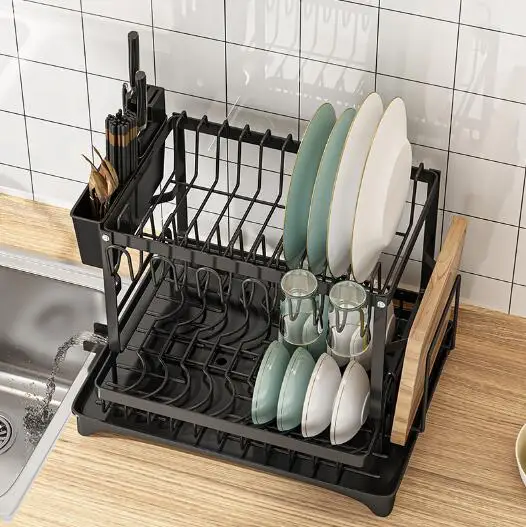 2 Tier Dish Drying Rack, Rustproof Kitchen Dish Drying Rack with Drainboard and Utensil Holder for Kitchen Counter