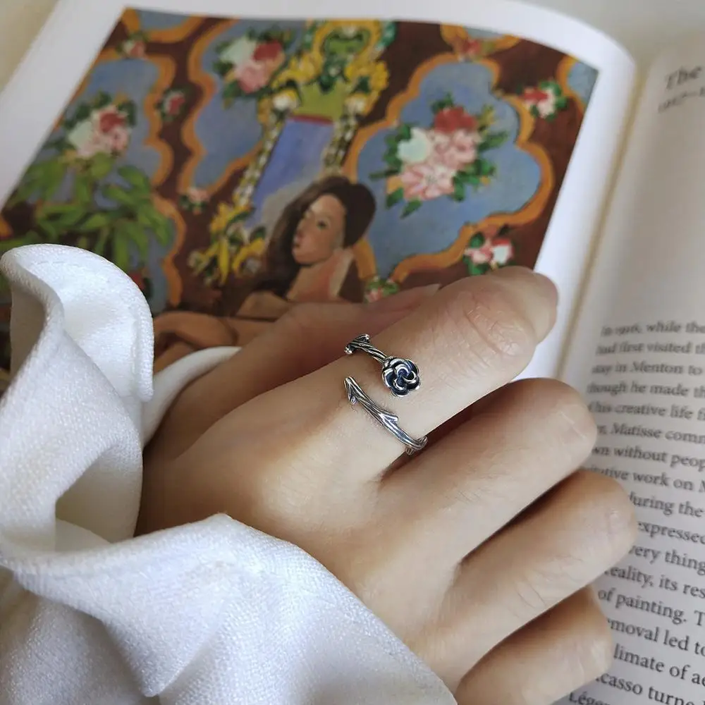 Vintage Rose Design Korean Jewelry Handmade Silver Elegant Opening Flower Ring Fashion Sterling Silver Rings For Women