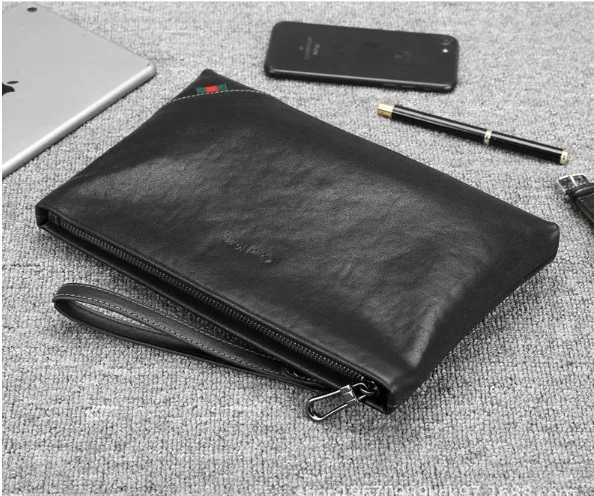 wholesale customized  big capacity British style Zipper luxury genuine leather braid casual Business  clutch bags for men male