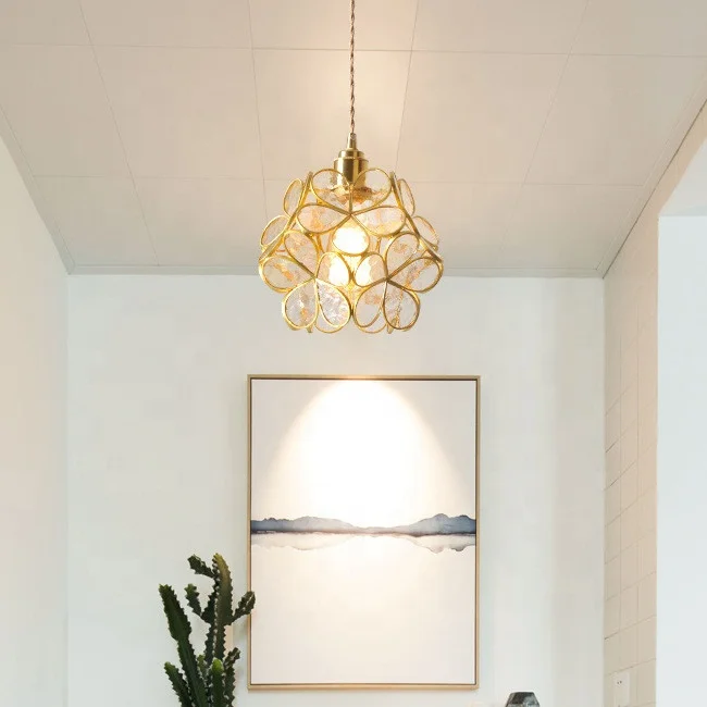 Pink Blue Japanese Luxury Brass Copper Glass Round Ball Blooming Flower Petals Ceiling Pendant Lamp Brass Chandelier Light