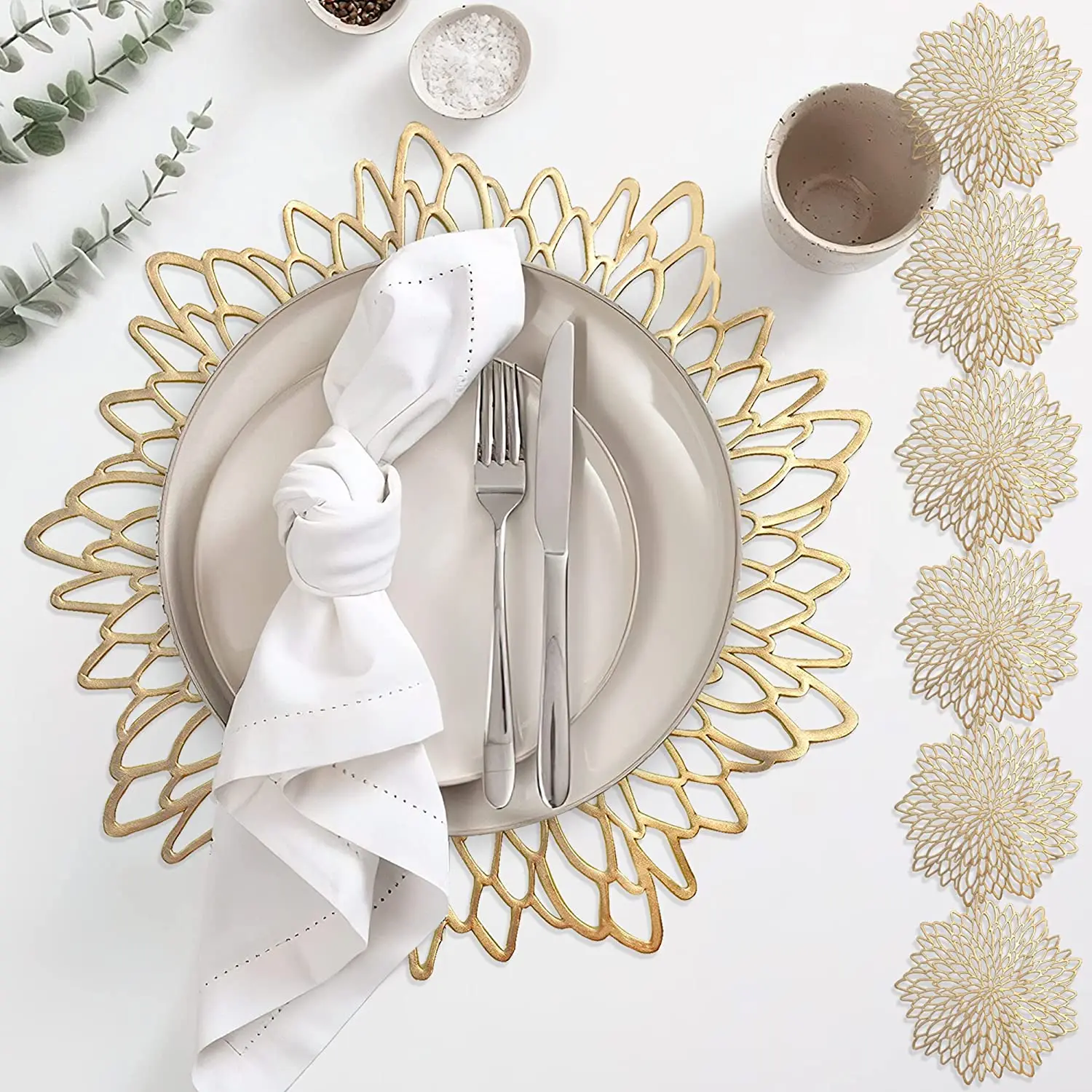 Tabletex wholesale custom cheap pvc dining table woven charger pressed metallic round gold sliver vinyl placemats for wedding