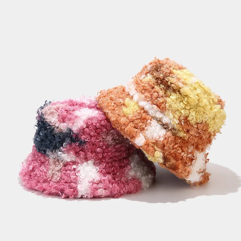 2021 Designer Winter Hat Lamb Wool Vintage Full Colors Furry Warm Custom Tie Dye Fur Bucket Hat For Women