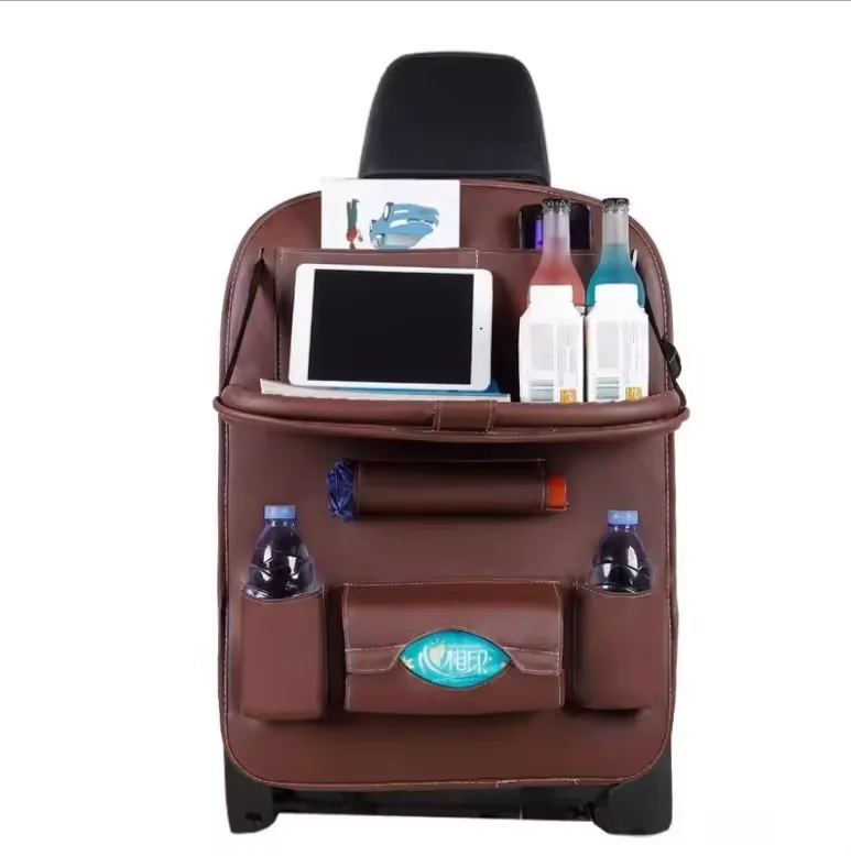 PU Leather Water-Resistant Car Back Seat Organizer with Detachable Table Tray & Storage Compartment