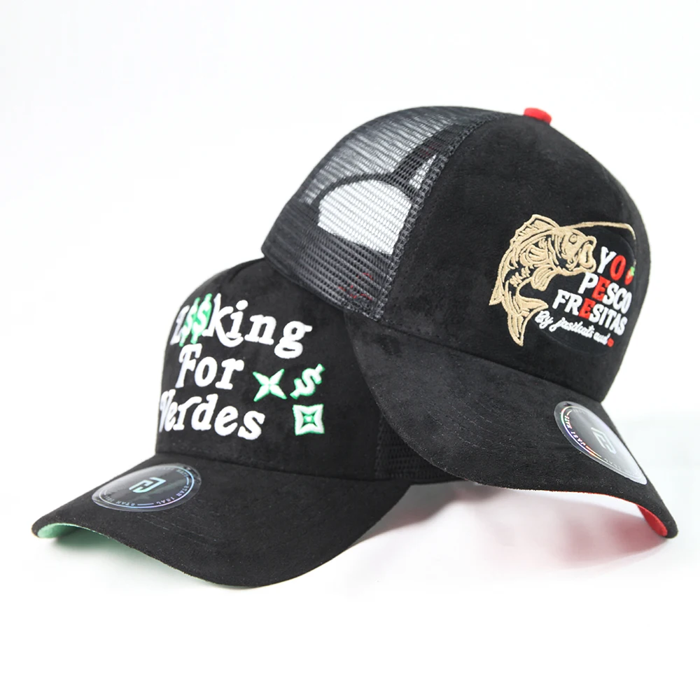 2024 custom your own logo Mens Mesh Gorras embroidery Patch logo 5 panel suede Baseball trucker hat custom embroidery