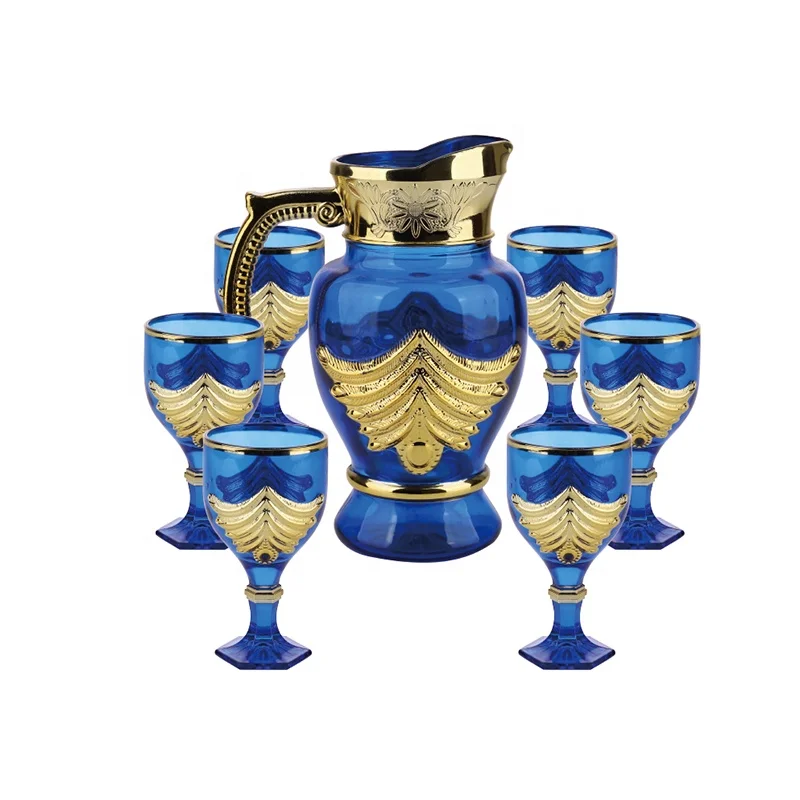 hot selling gift item 7pcs golden glass Jug set with colored pitcher set of 6pcs