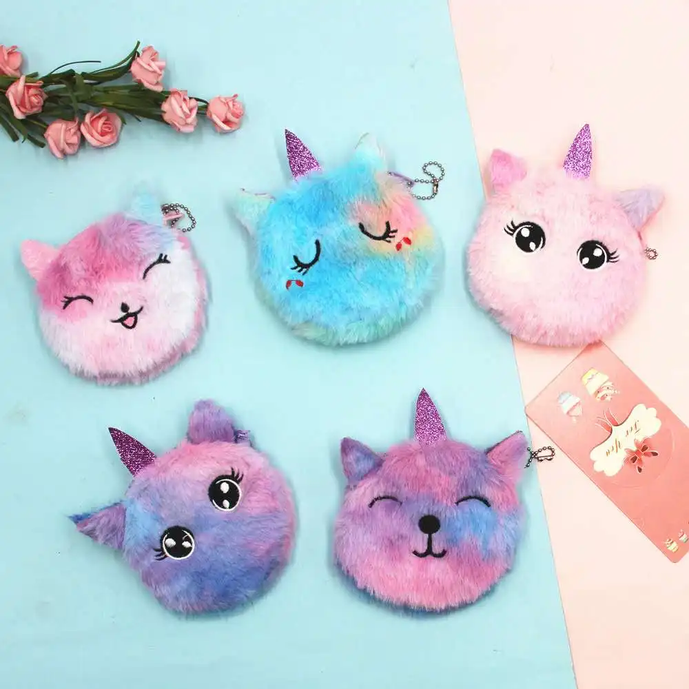 Cartoon Plush Unicorn Coin Purse Cute Fur Circle Wallet Girl Clutch Bag Key Earphone Pouch