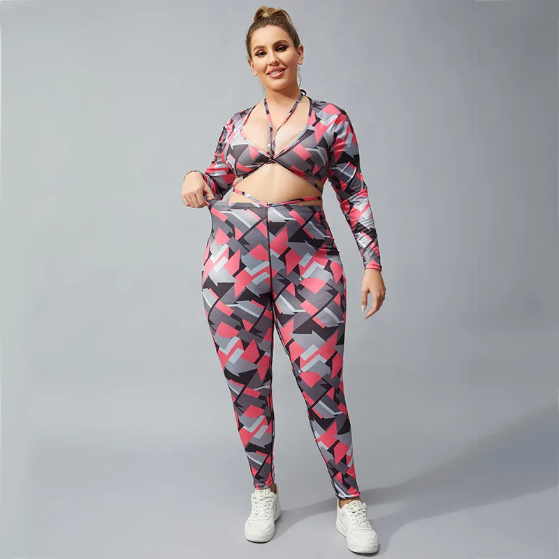 Sexy Xxl Plus Size Two-Piece Quick-Drying Printed Outdoor Sports Tights Suit Gym Seamless Camo Long Sleeve Yoga Clothing Sets
