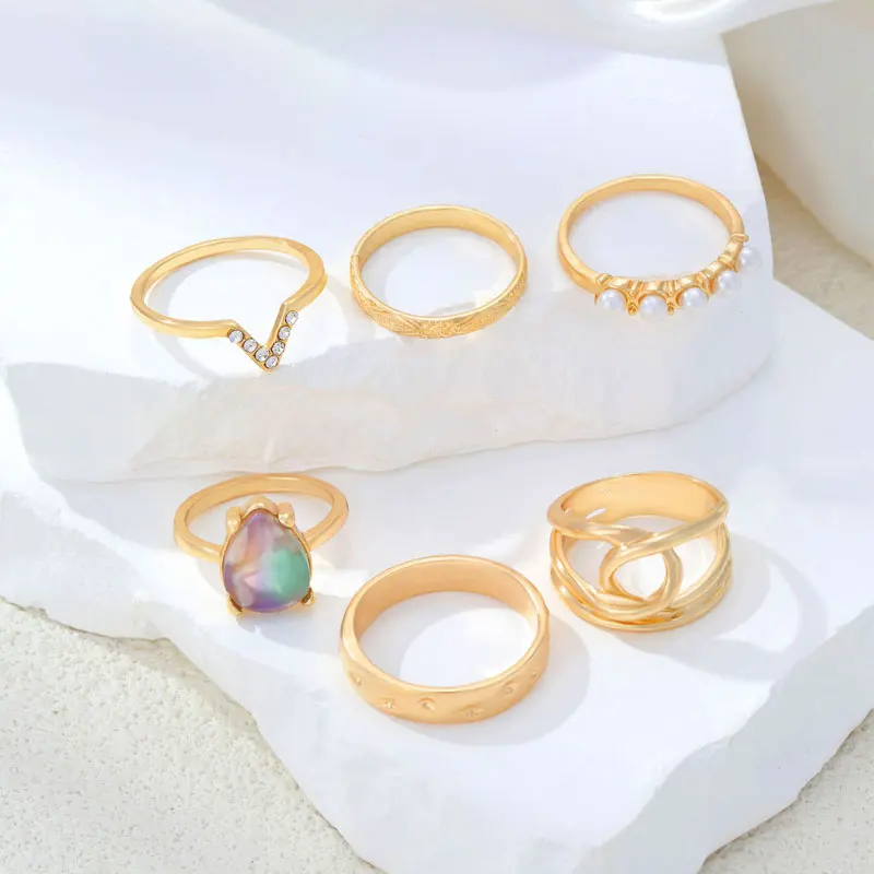 CDD French Elegant Pearl Geometric Knuckle Rings Set for Women Charm Finger Ring Female Boho Party Jewelry
