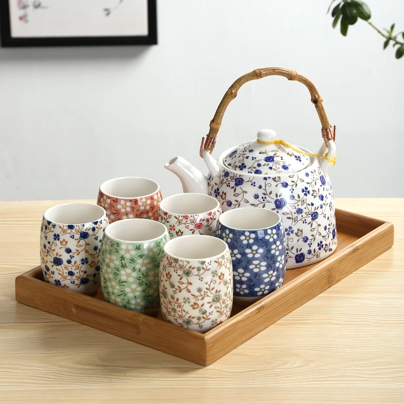 Japanese Style Tea Cup Pot Set Printed Teapot With Tea Stainer Ceramic China Tea Set