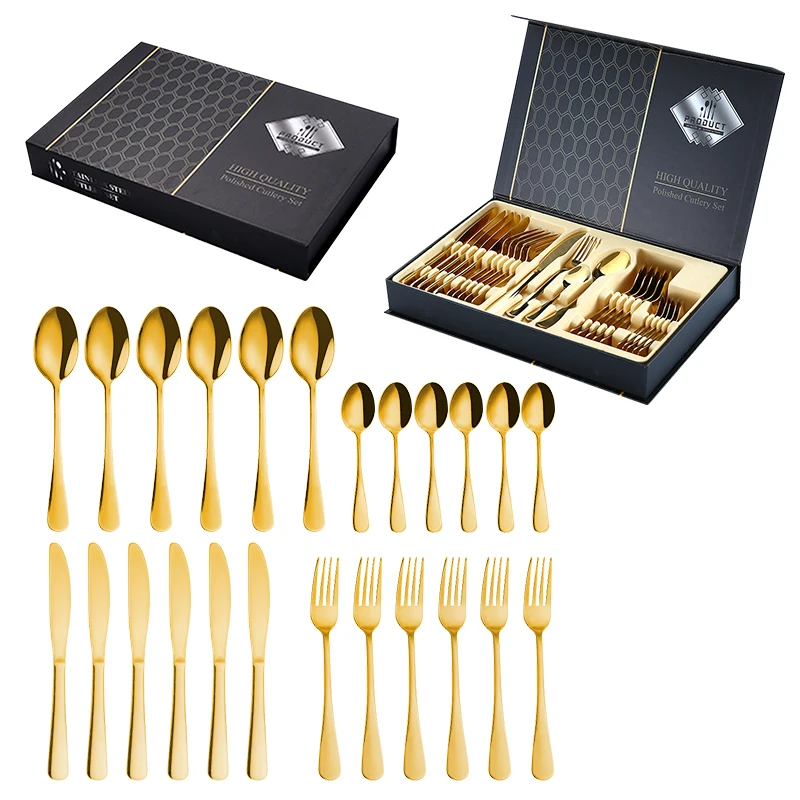 Custom luxury gold high quality wedding kitchen reusable metal silver spoons forks knives stainless steel flatware cutlery set