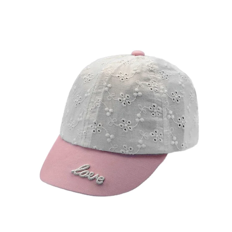 Wholesale custom 6 panel women's lace fabric pink white stitching sun hats children's cap hat