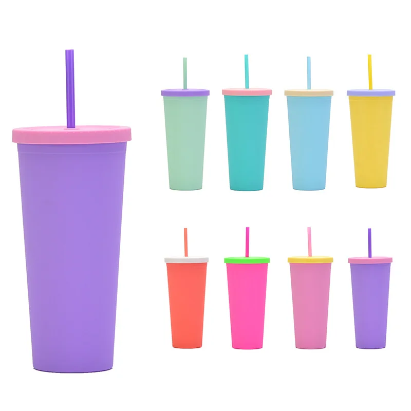 Wholesale 2022 24oz/16oz Reusable Tumbler Double Summer Wall Plastic Matte Straight Cups With Lid and Sraw