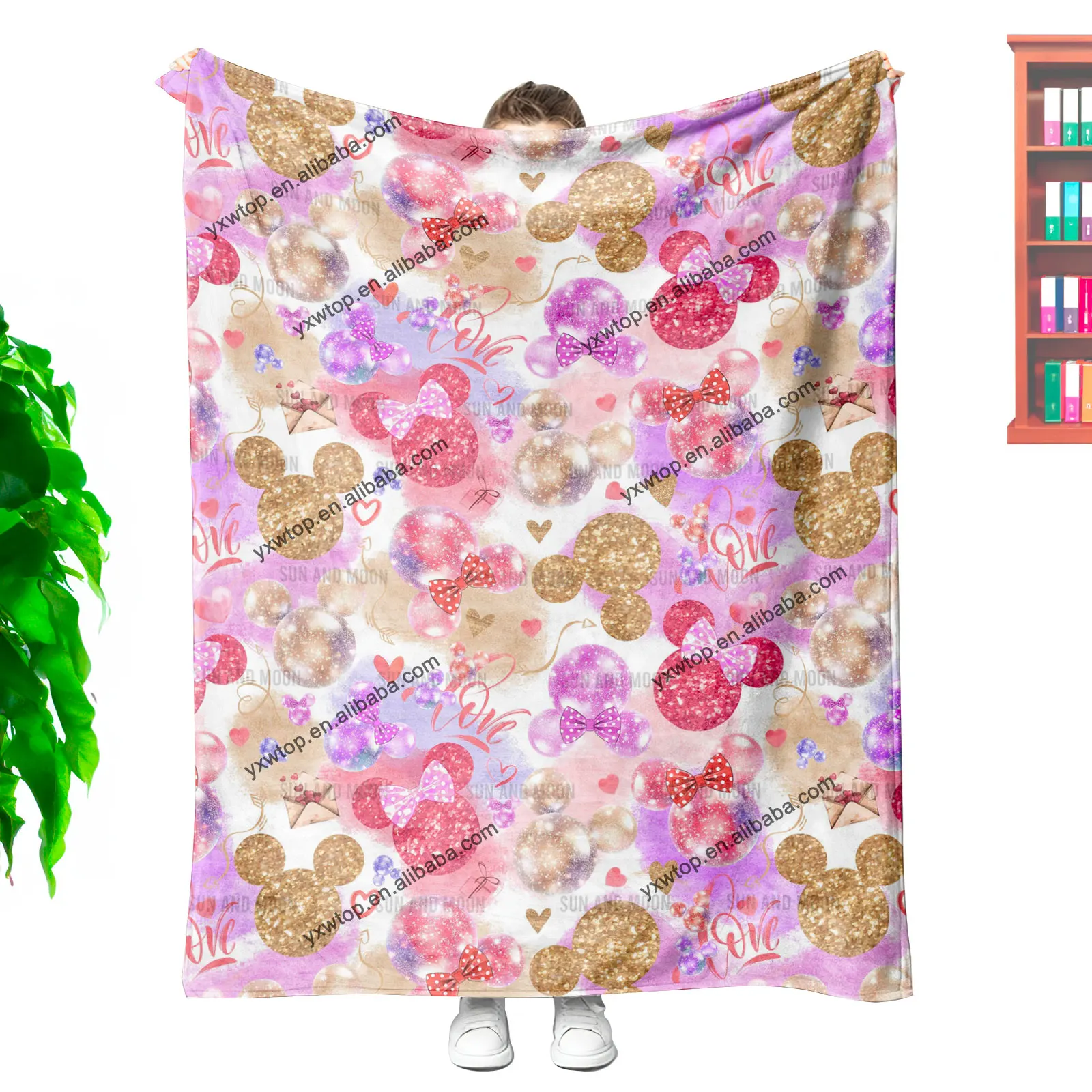 valentines day gift Wholesale Customized  cute micky mouse love pattern Valentine Sublimation Super Soft flannel Throw blankets