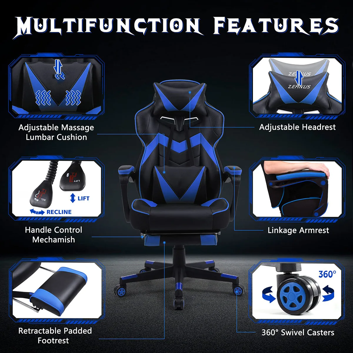 Premium Racing Gaming Chair With Swivel Cushion 360 Degree Rotating Comfort Car Seat Height Adjustable Reclining Office Chair