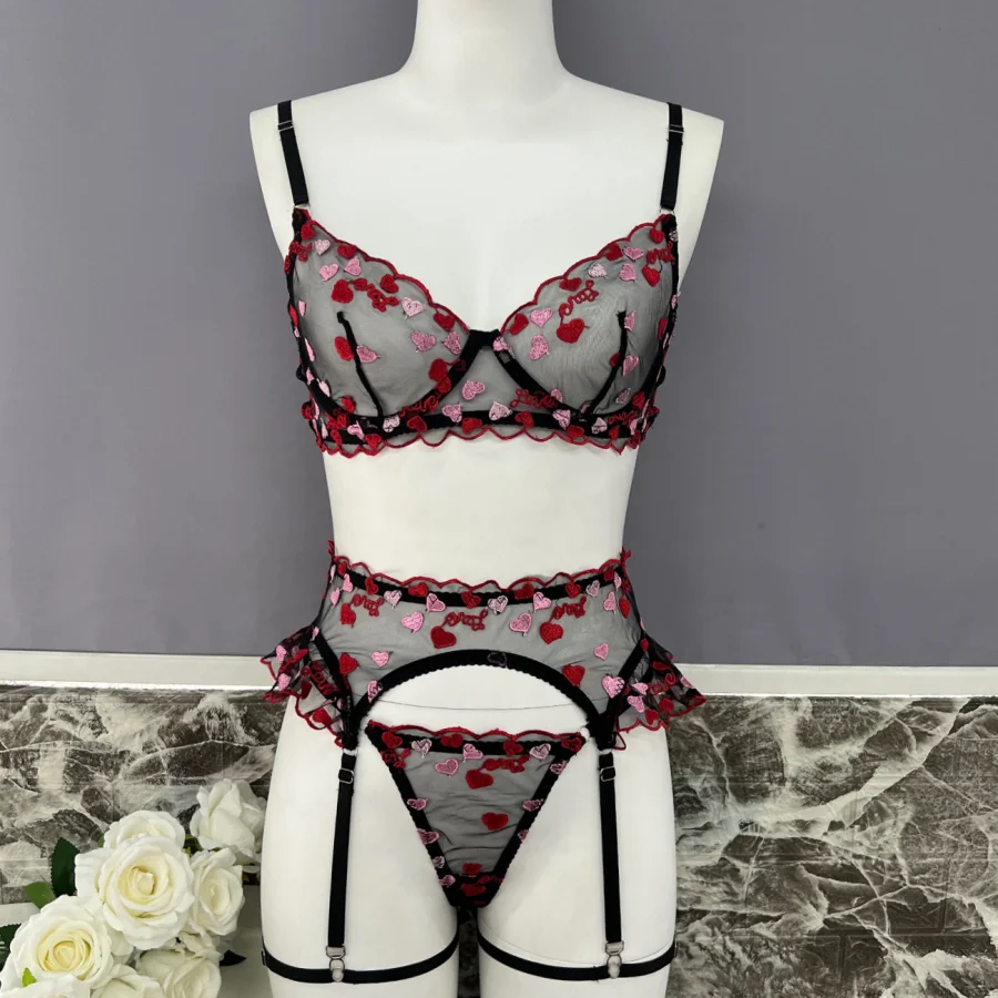 Embroidery Heart 4-Piece Set Erotic Girl Sheer Red Underwear Sexy Women Transparent Pink Lingerie