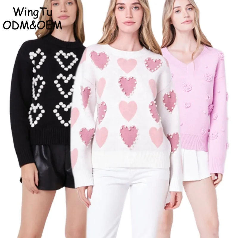 WINGTU Custom Private Label 3D Flower V Neck Pearl Pompom Heart Pattern Mock Sweater For Women