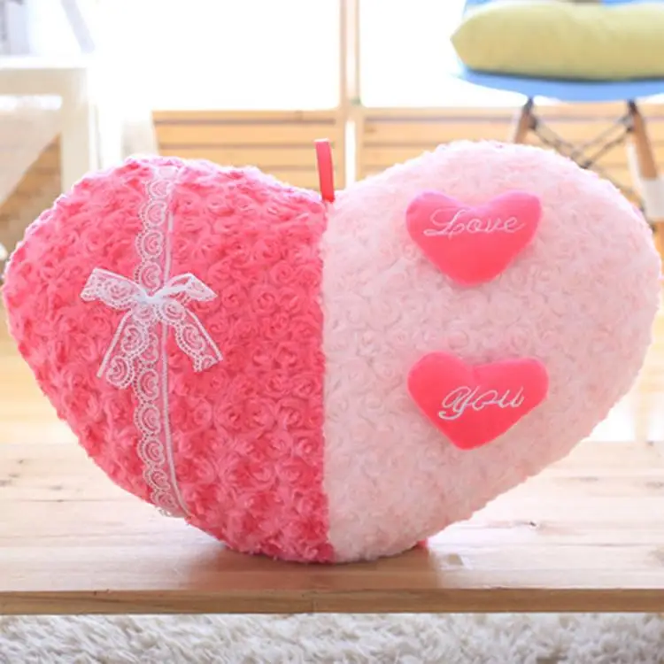 
Heart-shaped Pillow with Pink Rose Soft Bedside Leaning Cushion 