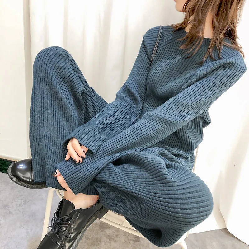 Autumn Office Soft Two Pieces Set Fabric Loose Top Wide Leg Pants Sets Lady Sweater